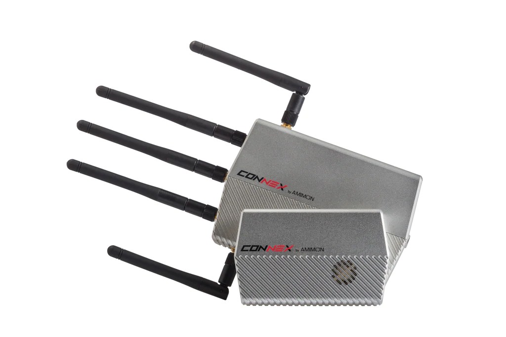 Connex Max transmitter and receiver units with antennas fitted, ridged aluminium housings
