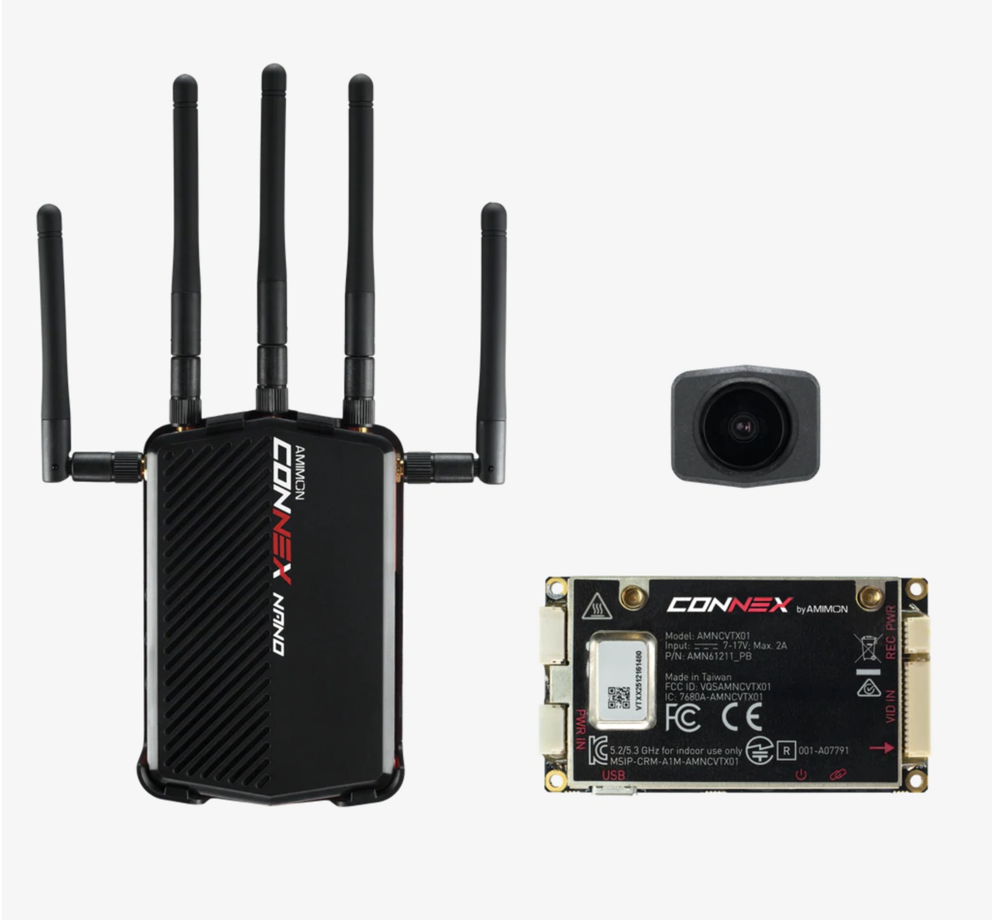 Connex Nano kit: five-antenna ground unit, compact camera module and bare-board video transmitter