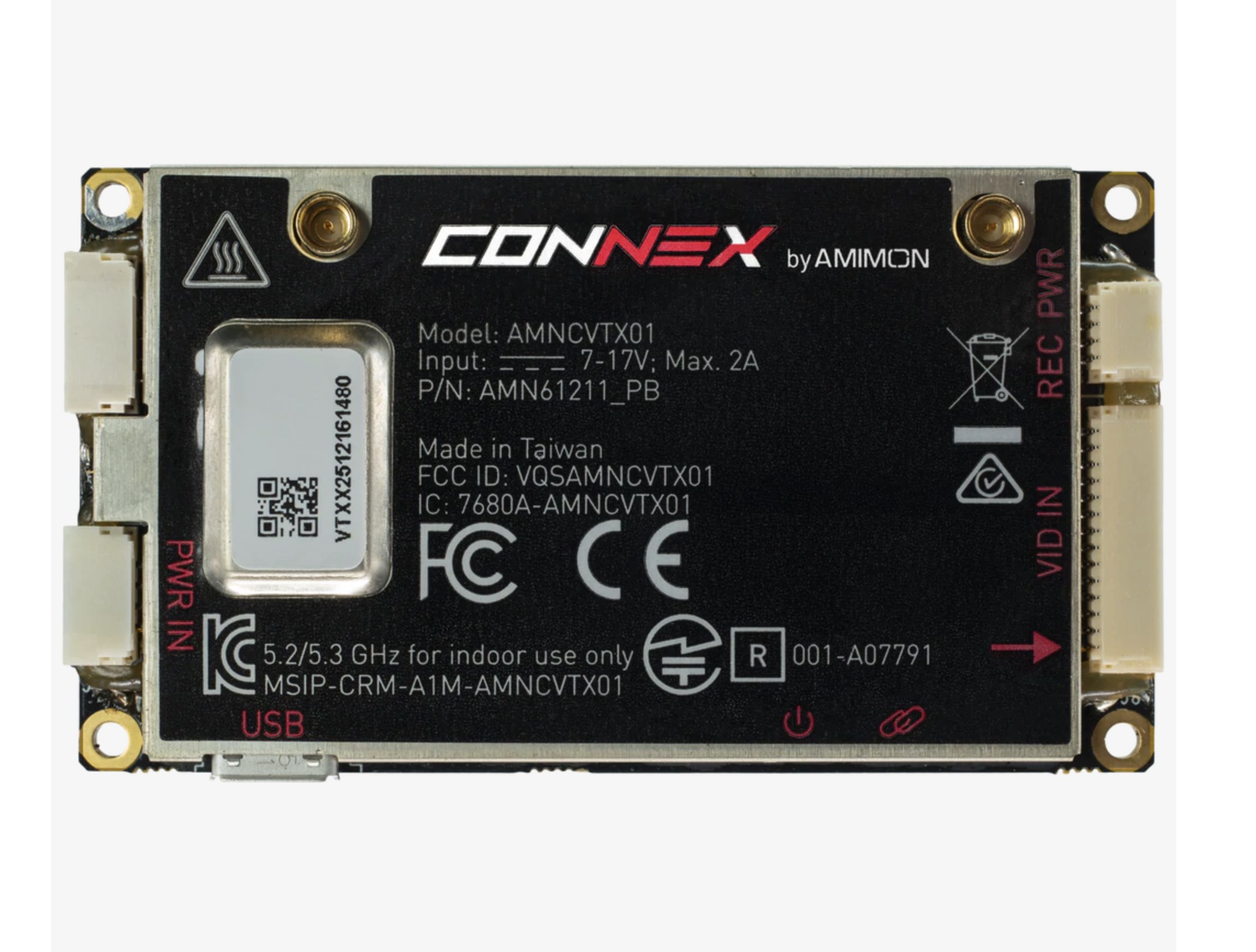 Connex Nano video transmitter board, showing model and regulatory markings and the power, USB, video-in and REC connectors